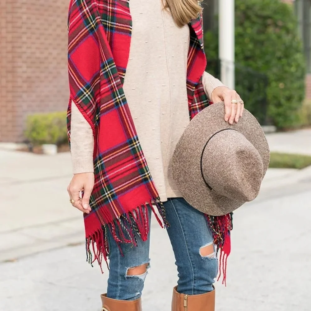 Mud Pie Red Plaid Fringe Scarf - Picture 5 of 12